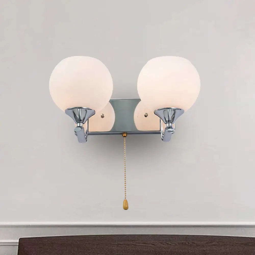 DecorBites™ Modern Cream Glass 2-Head Wall Mount Light Fixture with Pull Chain - Chrome Wall Lamp
