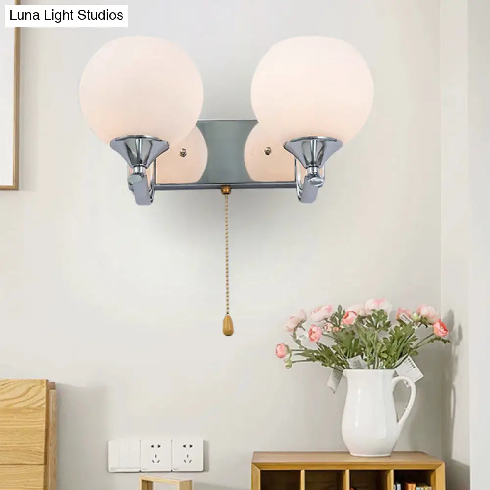 DecorBites™ Modern Cream Glass 2-Head Wall Mount Light Fixture with Pull Chain - Chrome Wall Lamp