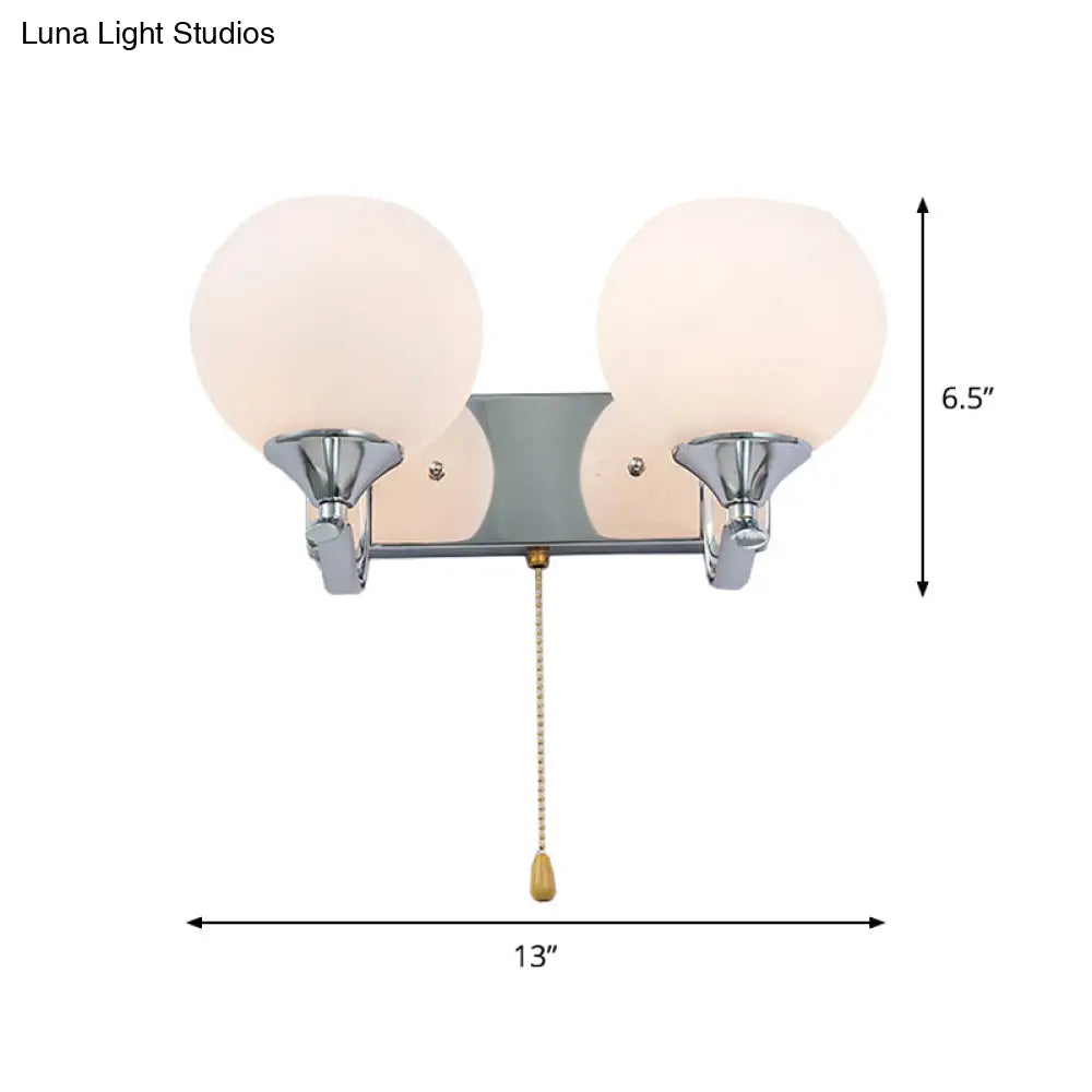 DecorBites™ Modern Cream Glass 2-Head Wall Mount Light Fixture with Pull Chain - Chrome Wall Lamp