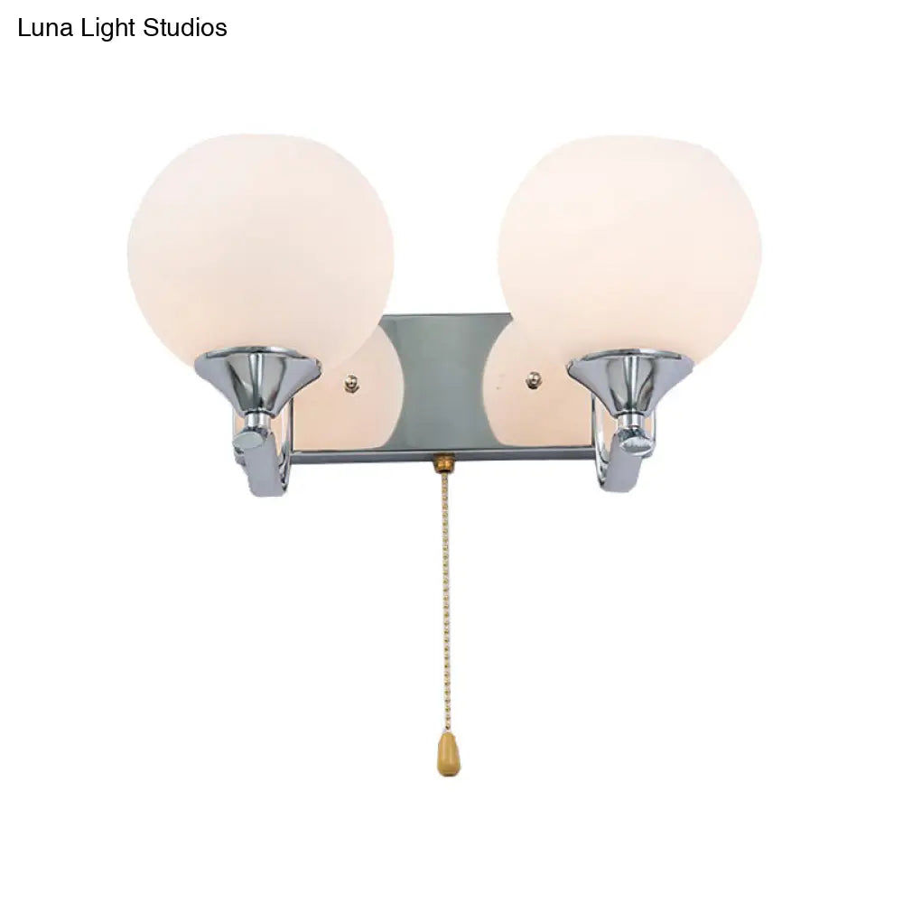 DecorBites™ Modern Cream Glass 2-Head Wall Mount Light Fixture with Pull Chain - Chrome Wall Lamp